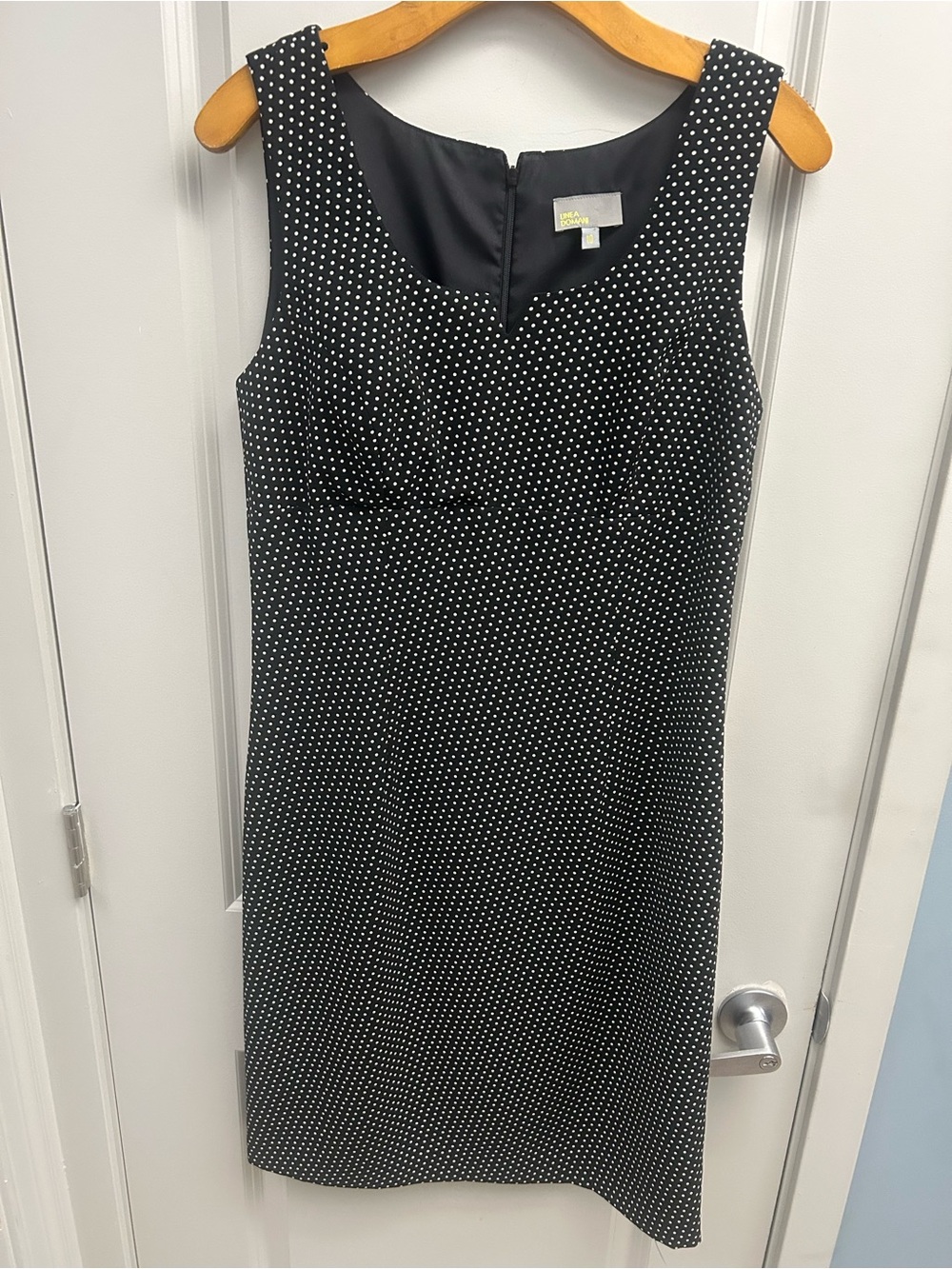Linea Domani Sleeveless Black White Polka Dot Knee Length Sheath Dress, 10